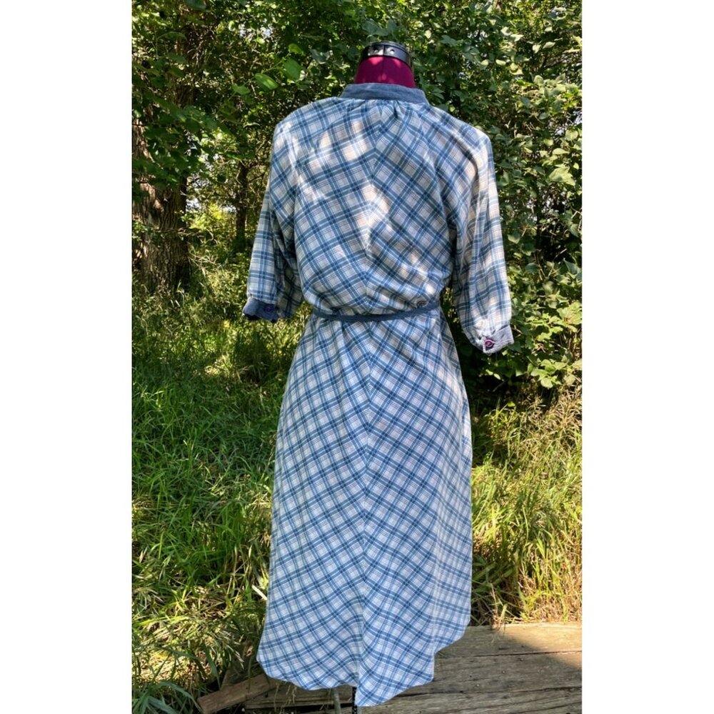 Vintage 1970s Chambray Blue Plaid Dress Rosani Size 8 - Picture 13 of 16